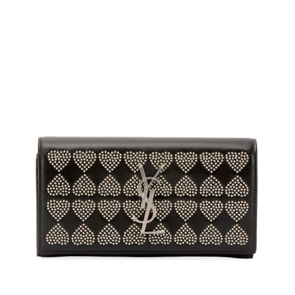 Saint Laurent Black Wallet with Silver Heart Accents